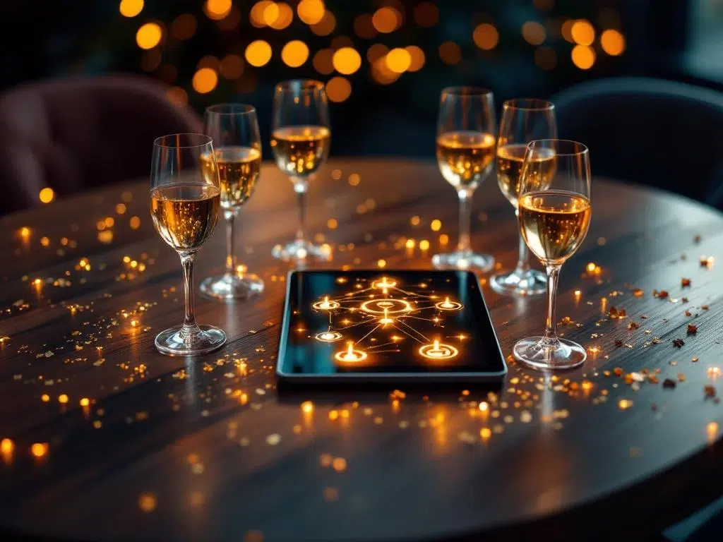 Champagneglazen in cirkel op houten tafel met gouden confetti en tablet met netwerkiconen voor zakelijk evenement