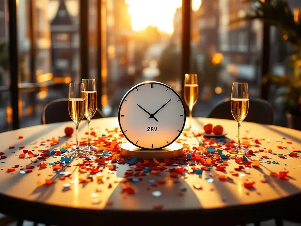Klok toont 14:00 uur op vergadertafel met champagneglazen en confetti in modern Amsterdams kantoor