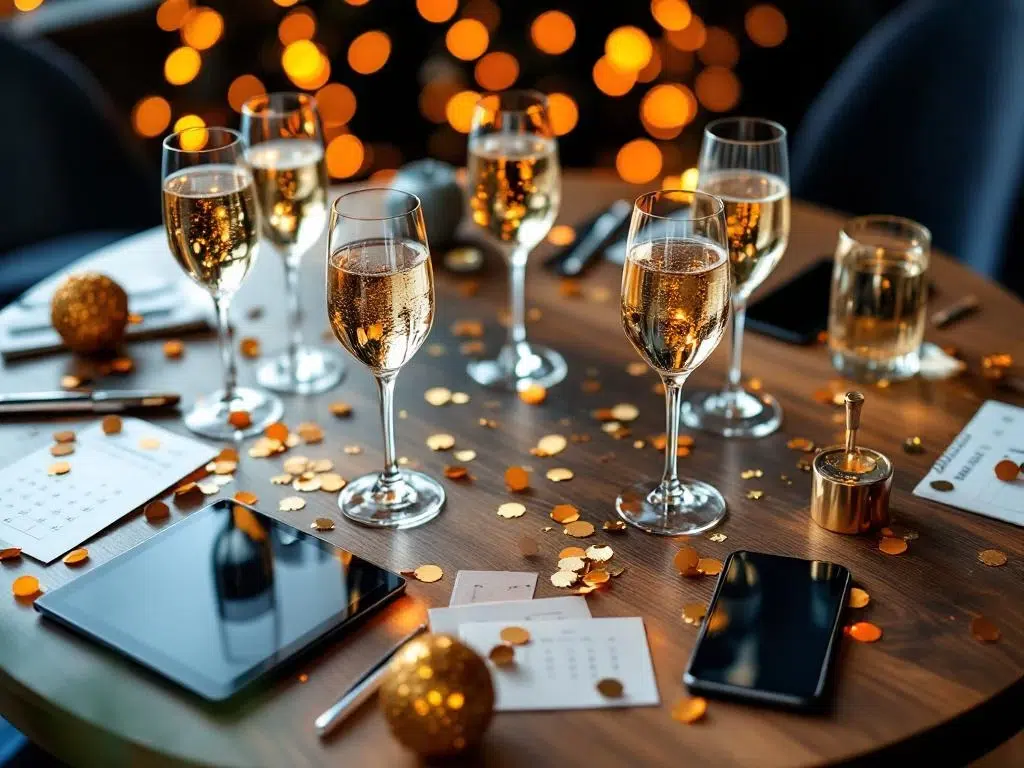 Champagneglazen in cirkel op houten tafel met tablet, confetti en feestverlichting voor zakelijk evenement in Amsterdam
