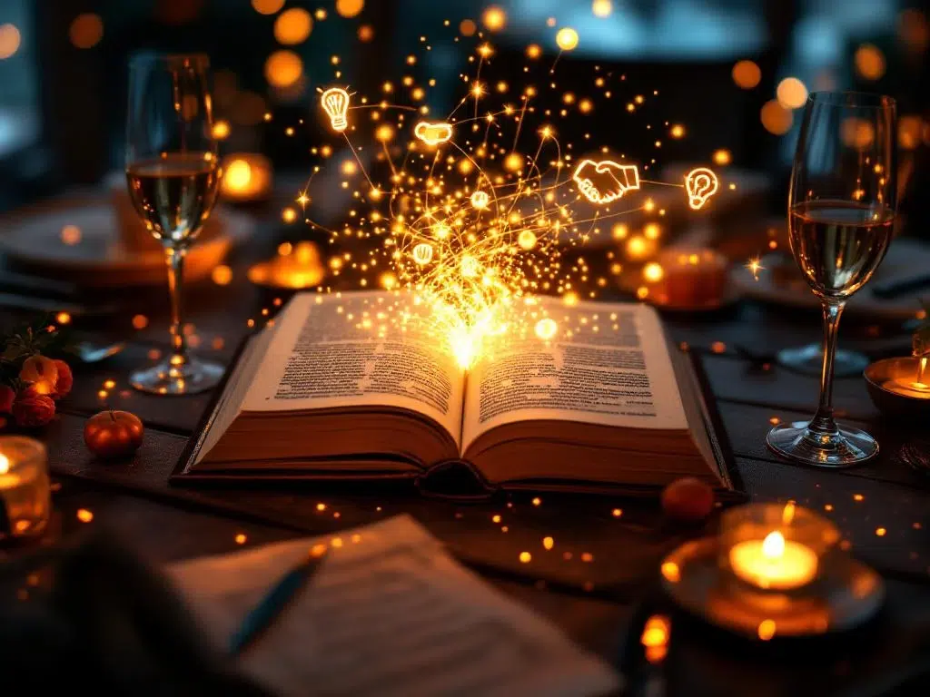 Opengeslagen verhalenboek met gouden lichtdeeltjes en holografische bedrijfswaarden-iconen op feesttafel met champagne