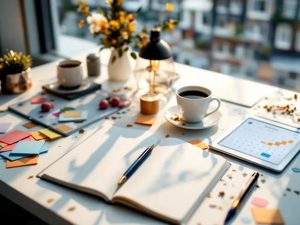 Modern bureau met open notitieboek, koffie, tablet met agenda en bloemen in ochtendlicht met Amsterdamse grachten op achtergrond