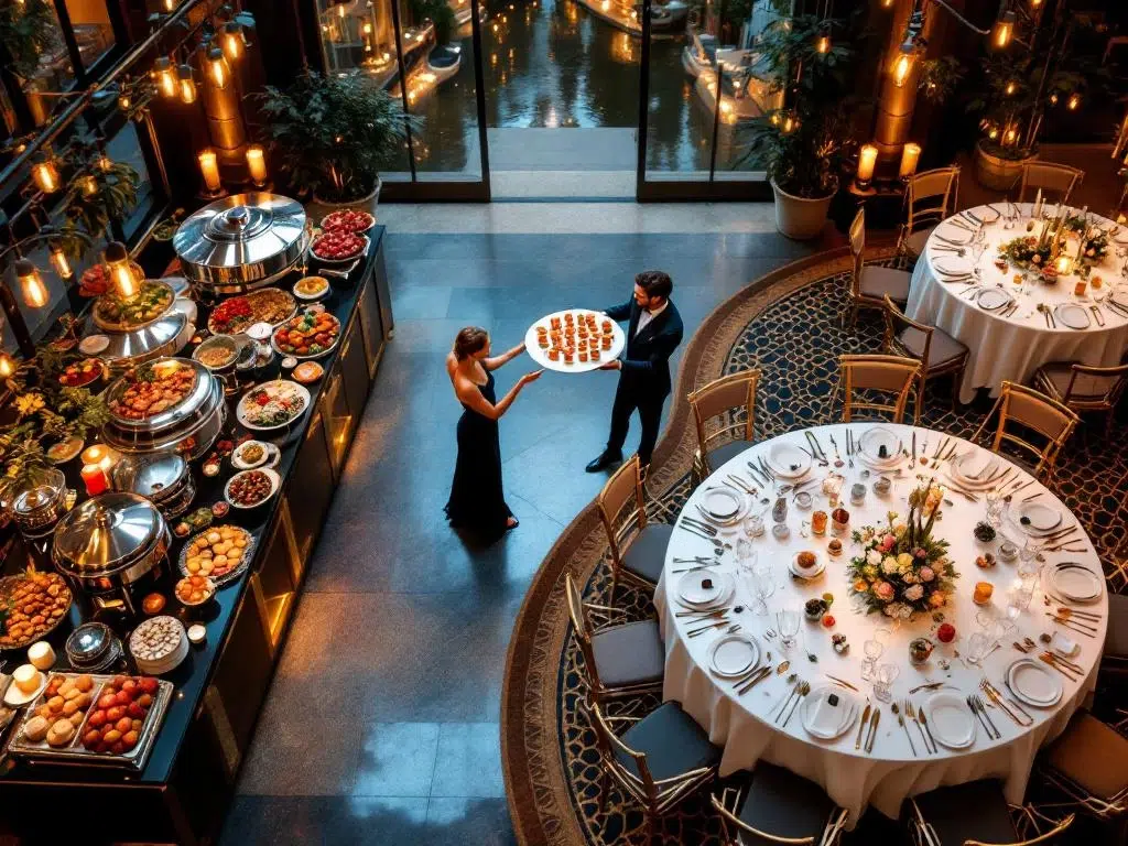 Overzichtsfoto van drie cateringopstellingen: buffet, walking dinner en formeel diner bij een zakelijk evenement in Amsterdam