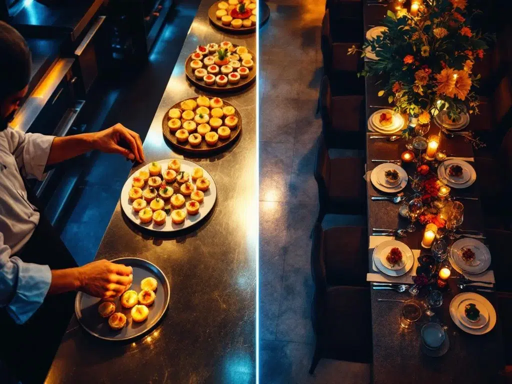 Professionele keuken met chef en cateringevenement in gesplitste overhead compositie met luxe gerechten