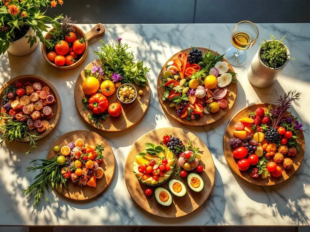 Top view of elegant catering spread with vegetable snacks on bamboo serving boards on marble surface