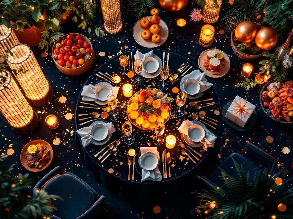 Luxe bedrijfsfeest tafel met champagne, gouden confetti, kaarslicht, LED-verlichting en bloemen in navy en goud