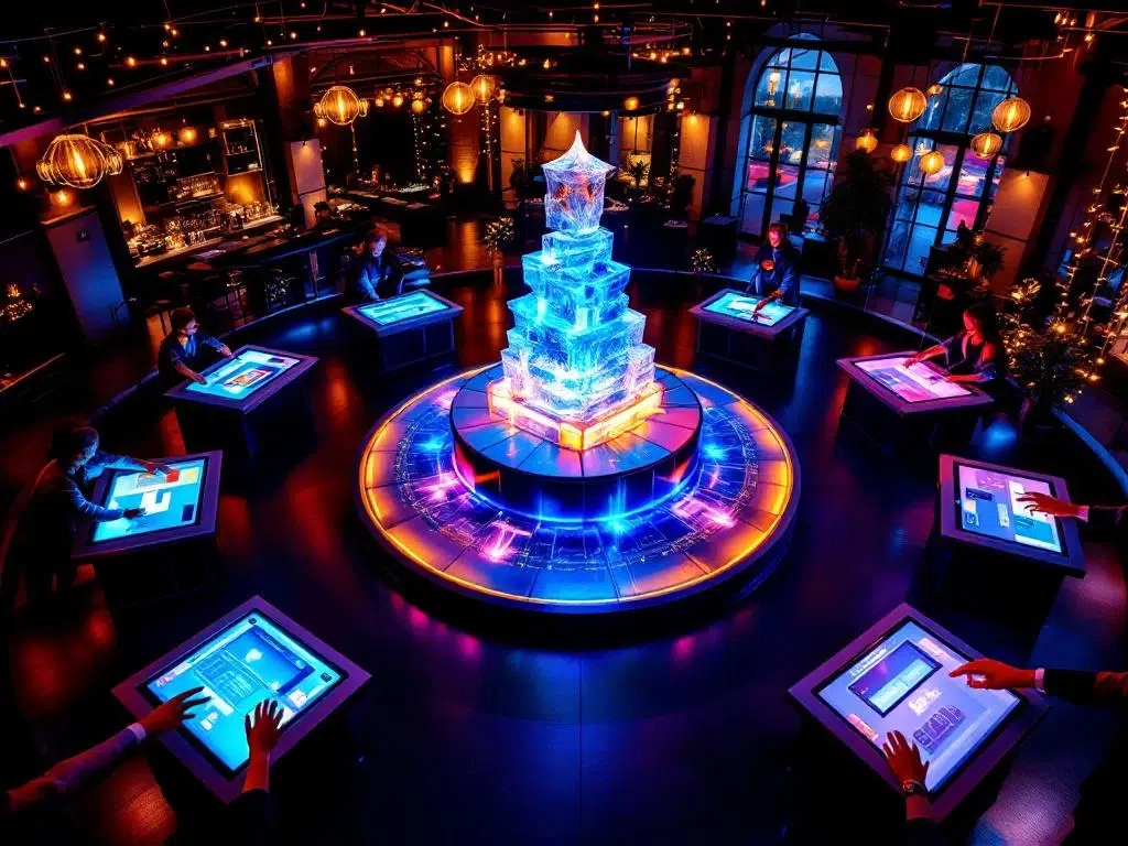 Luchtfoto van corporate evenementenruimte met verlichte activiteitenstations, ijssculptuur en interactieve displays