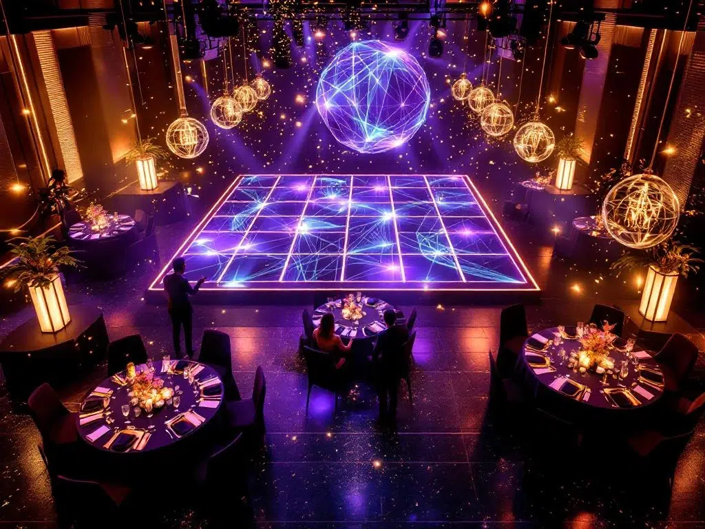 Overhead weergave bedrijfsfeest met paarse verlichting, LED dansvloer, holografische projecties en gouden accenten