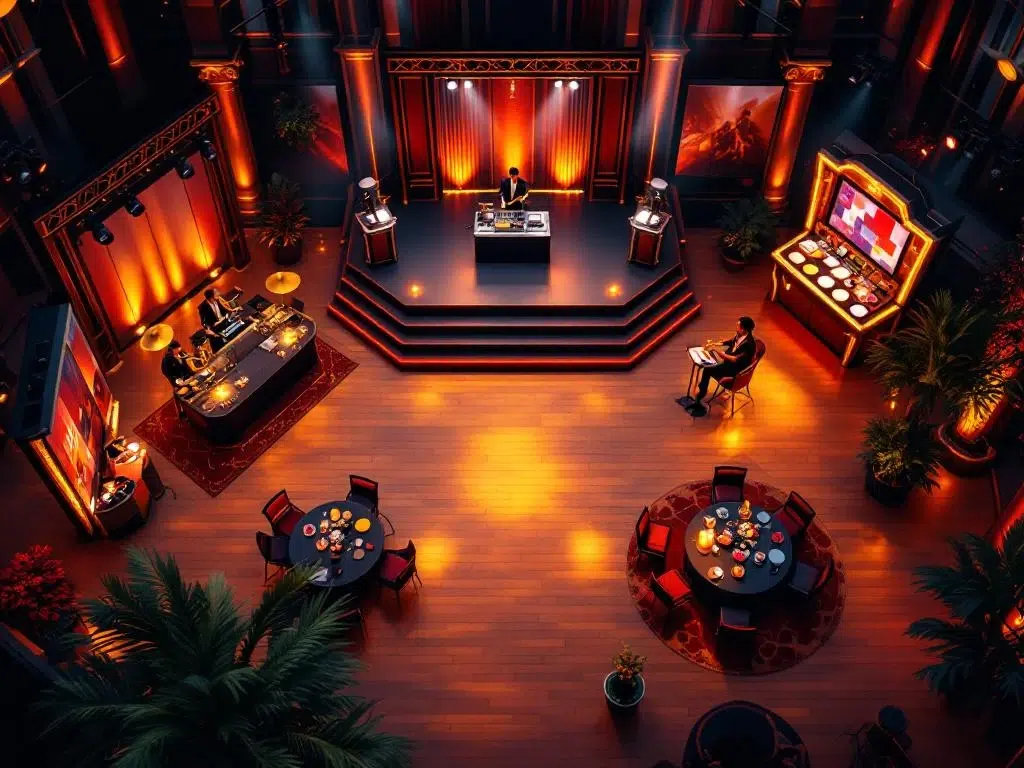 Luxe corporate event met DJ-booth, jazzband, spelletjes en catering in goud en bordeauxrood accent