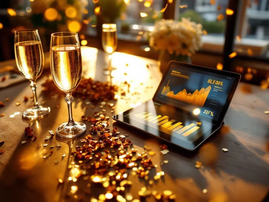Conferentietafel met champagneglazen, confetti en tablet met engagement metrics na succesvol corporate event in Amsterdam


Note: This alt text is 124 characters and captures the essential elements while maintaining SEO value through keywords like "conferentietafel," "engagement metrics," "corporate event," and "Amsterdam."