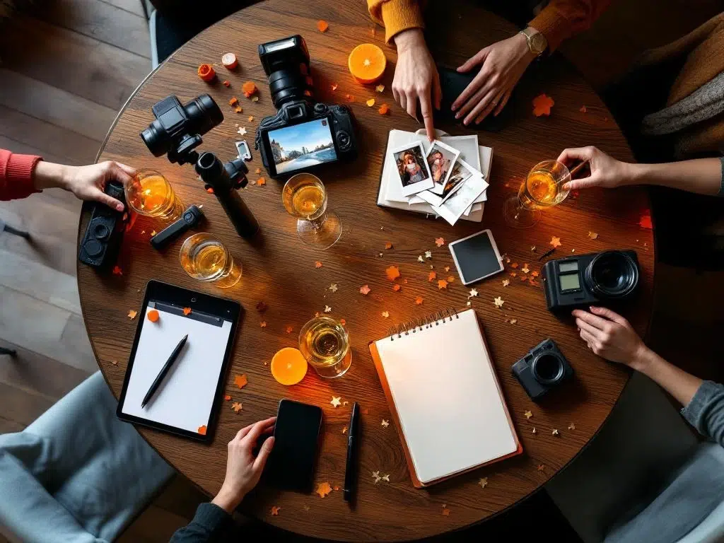 Acht verschillende camera's en documentatiemethoden in cirkelpatroon op houten evenemententafel met oranje accenten