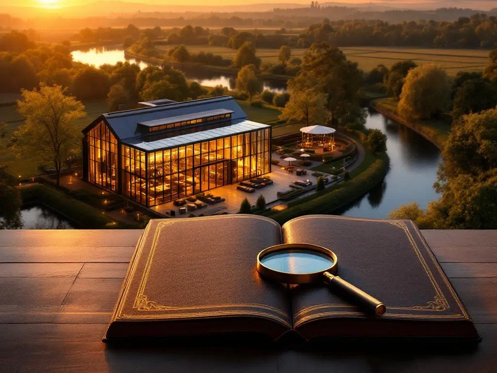 Luchtfoto van exclusieve evenementenlocatie in Nederlands landschap bij zonsondergang met open venuegids en vergrootglas