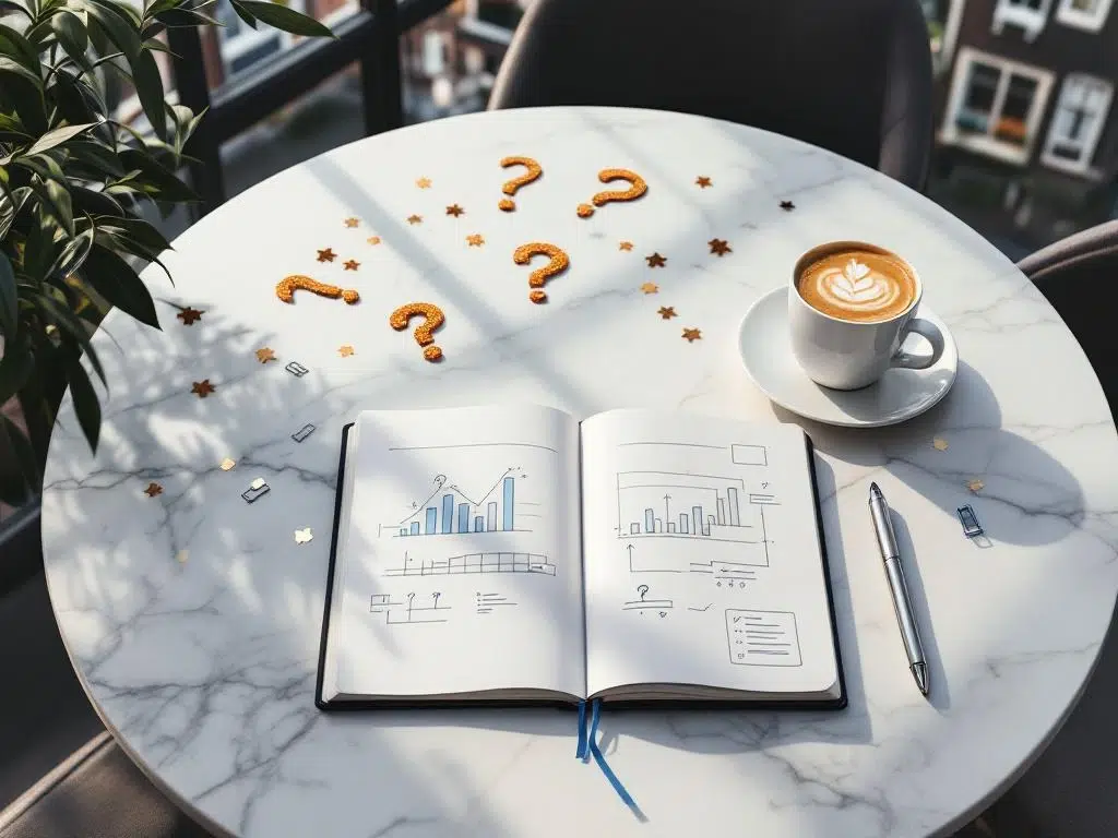 Strategisch planningsnotitieblok op marmeren tafel met cappuccino, pen en vraagtekens bij Amsterdamse grachten