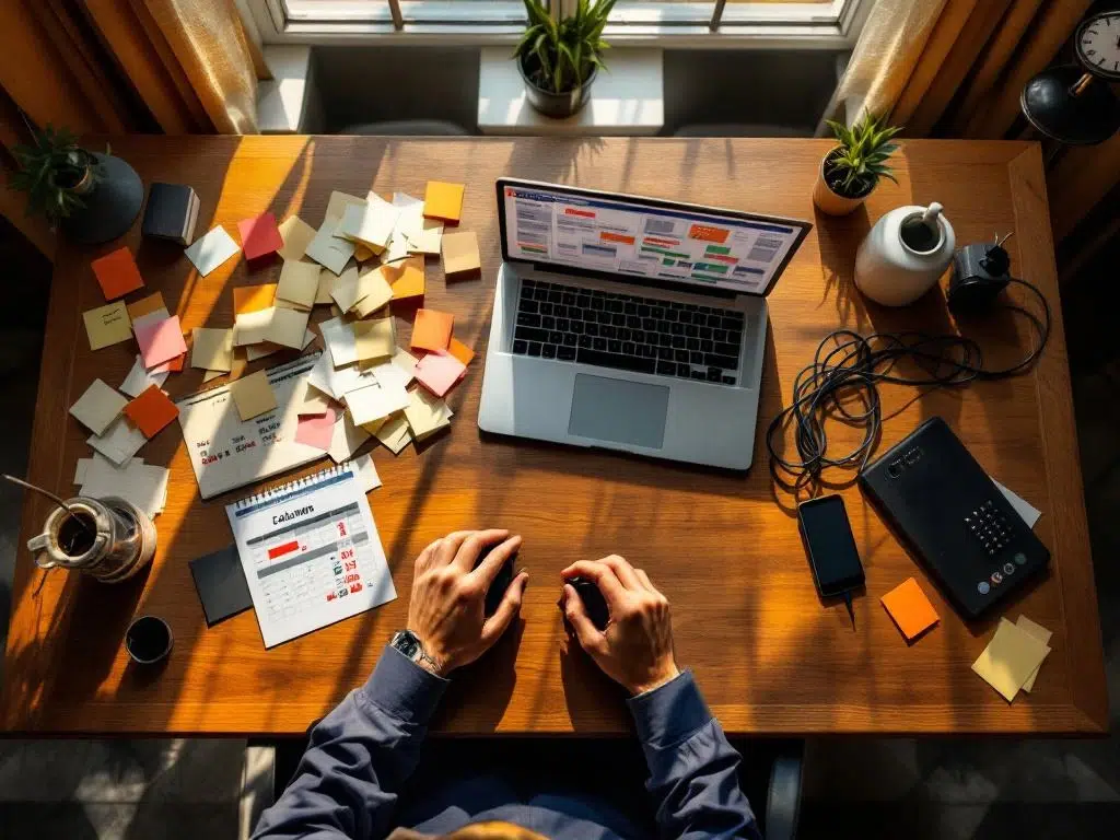 Overhead shot van bureau met vijf waarschuwingssignalen voor evenementenplanners: chaotische agenda, gemiste oproepen, budget in rood, kabels en late uren
Let me provide a shorter version that meets the 125 character limit:
Bureau met waarschuwingssignalen: chaotische agenda, gemiste oproepen, rood budget, kabels en klok met late uren