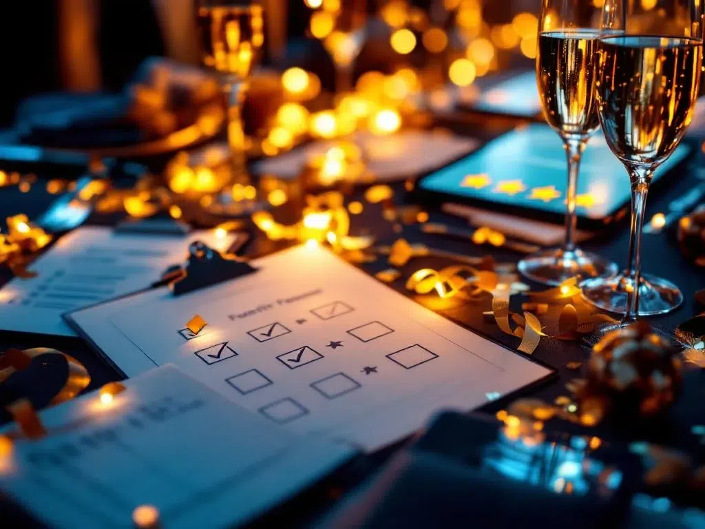 Corporate event tafel met feedback formulieren, tablets met tevredenheidsenquêtes en champagneglazen in warm licht


---

Let me reconsider this to ensure it's under 125 characters while maintaining the key elements:

Evenementtafel met feedback formulieren, tablets, enquêtes en champagneglazen in warm ambient licht