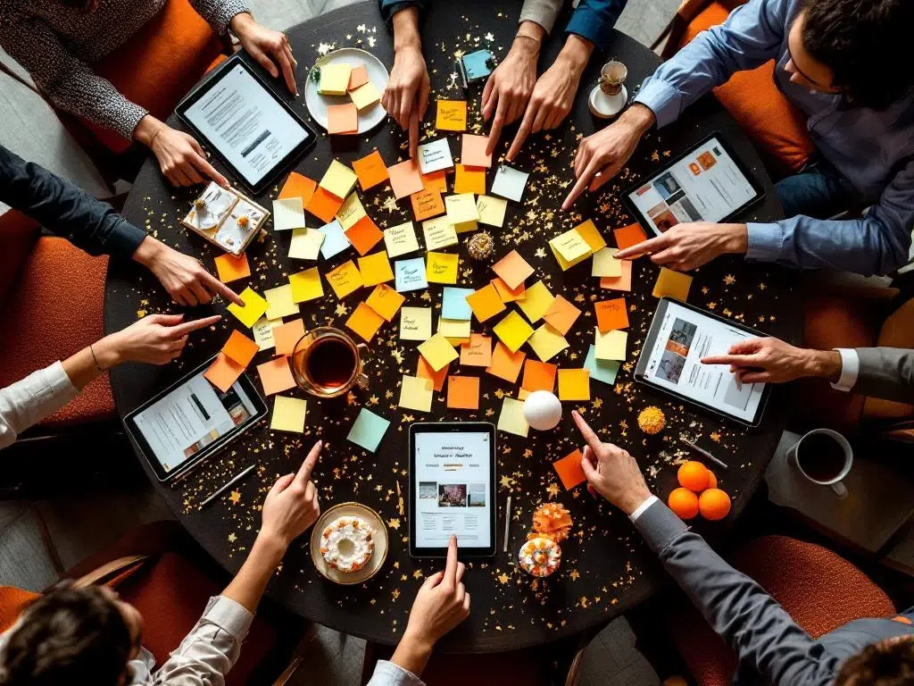 Bovenaanzicht van ronde conferentietafel met handen die party planning materialen, sticky notes en event decoraties bespreken