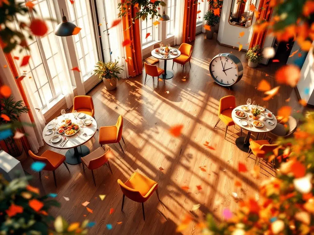 Halfronde opstelling van bistrotafels met champagne en hapjes op bedrijfsevenement overdag, klok toont 14:00 uur