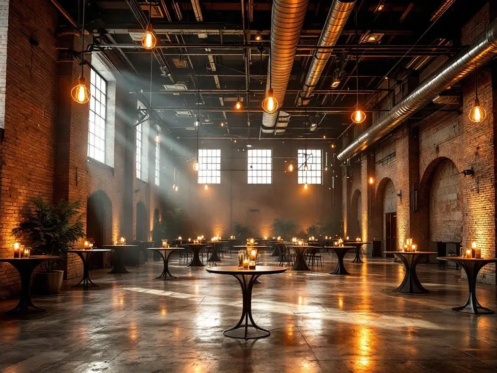 Industriële warehouse omgebouwd tot feestlocatie met bakstenen muren, stalen balken en warme hanglampen bij cocktailtafels