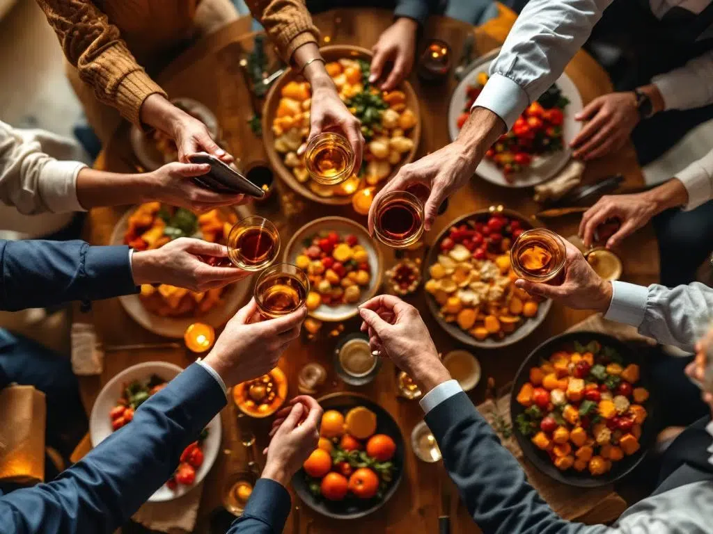 Handen van drie generaties heffen glazen en smartphones boven feestelijke bedrijfstafel met hapjes en decoraties