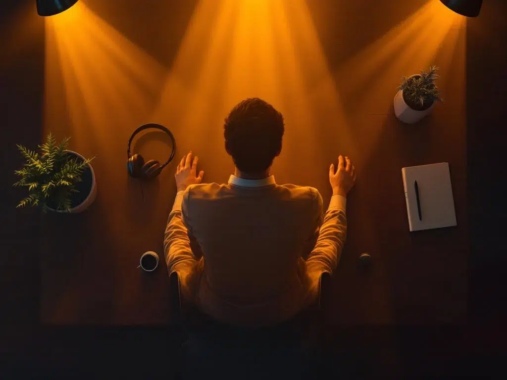 Vergadertafel van bovenaf met figuur omringd door boek, koptelefoon, plant en samenwerkingstools in gouden licht