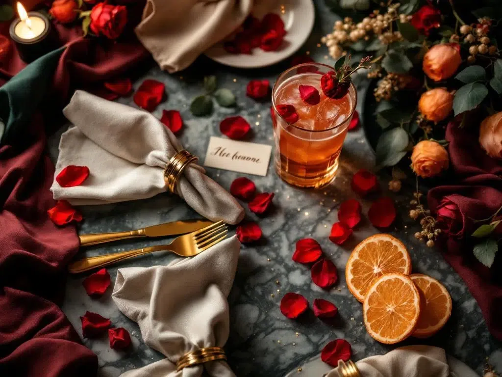 Luxe feesttafel met gevouwen linnen servetten, gouden ringen, rozenblaadjes en kaarsverlichting in bordeaux en goud
Note: This is 119 characters including spaces.