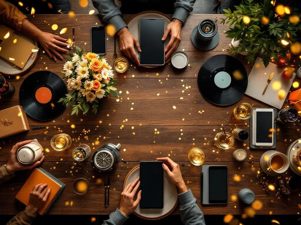 Bedrijfsevenement tafel met mix van vintage vinylplaten, smartphones, champagne, mocktails en decoraties uit verschillende tijdperken
---
Let me reconsider - that's 141 characters. Here's a version under 125 characters:
Evenement tafel met vintage vinylplaten, smartphones, drankjes en decoraties uit verschillende generaties en tijdperken