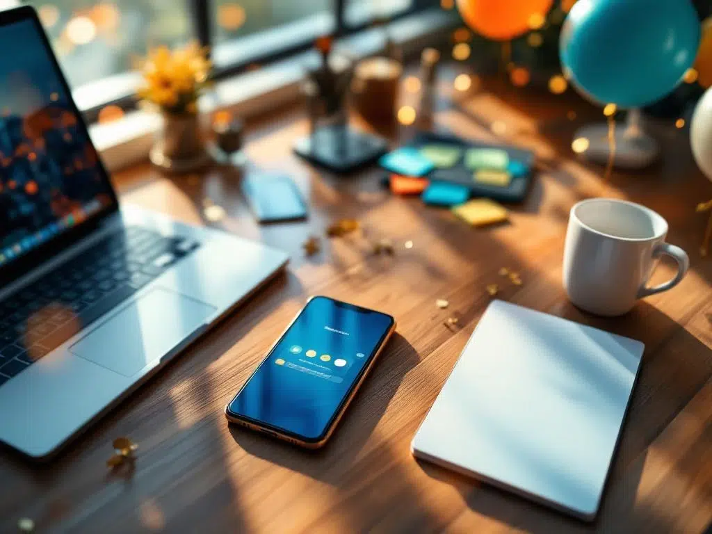 Bureau met smartphone, laptop en tablet met e-mailnotificaties en feestelijke uitnodiging tussen confetti en ballonnen