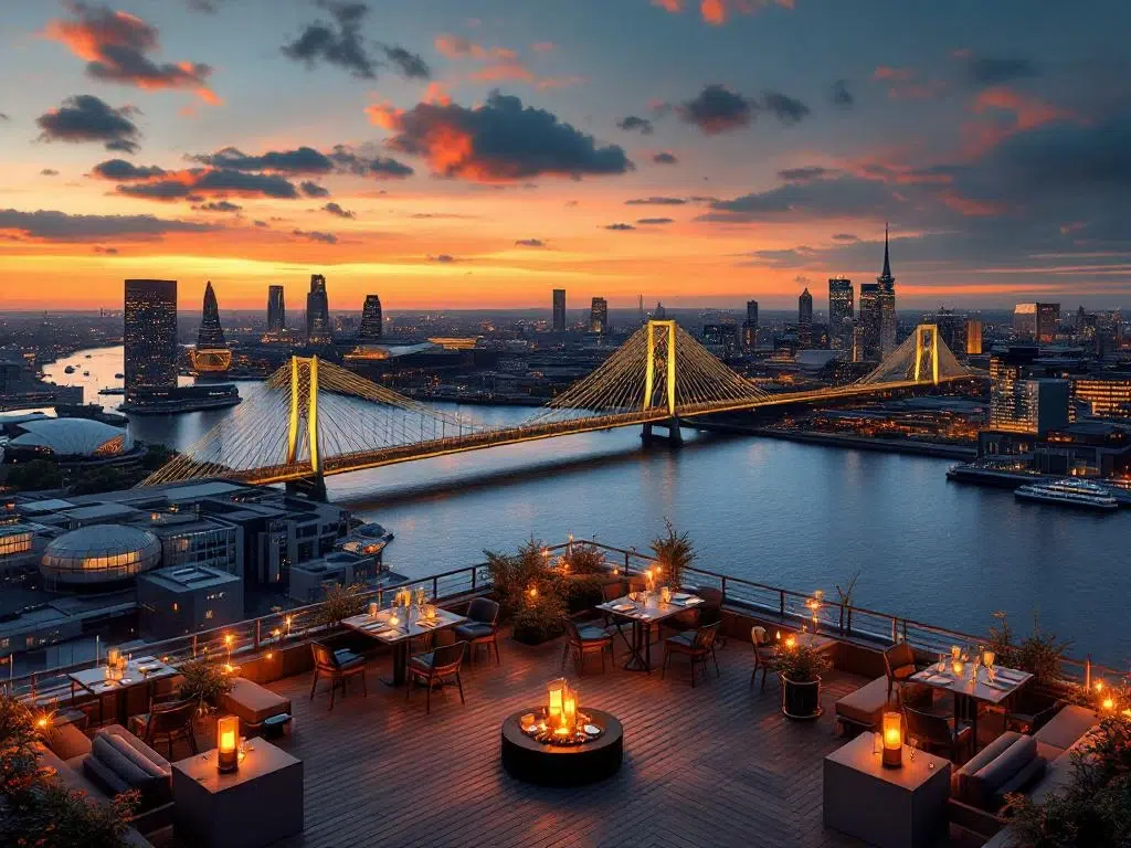 Luxe dakterras met champagne bij zonsondergang met uitzicht op Erasmusbrug en Rotterdamse skyline