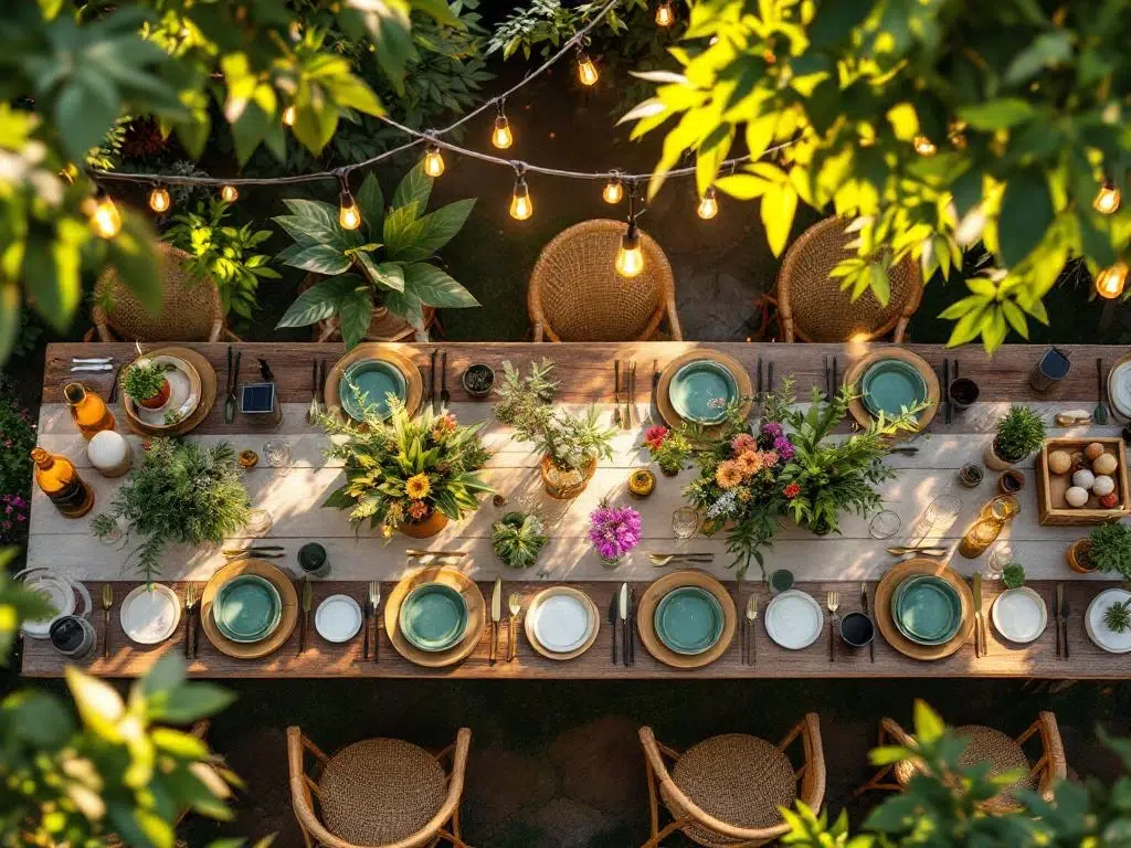 Duurzame bedrijfsfeest opzet met bamboe servies, herbruikbare glazen en zonne-energie verlichting op houten tafels buiten


(Note: This is 124 characters including spaces)