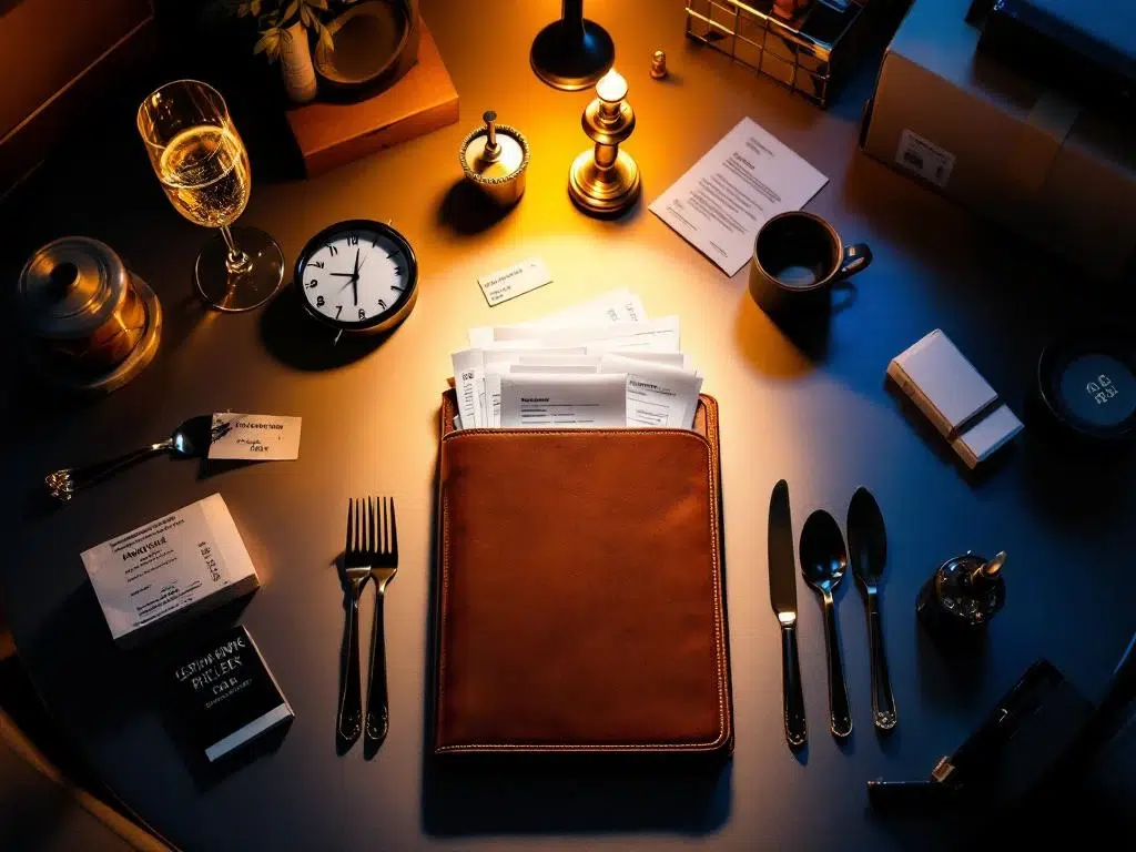 Overhead view van evenementstafel met budget map vol bonnen omringd door kapotte champagneglas en onverwachte kosten items