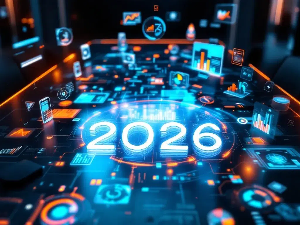 Luchtfoto van moderne vergadertafel met holografische "2026" projectie boven productprototypes en digitale interfaces