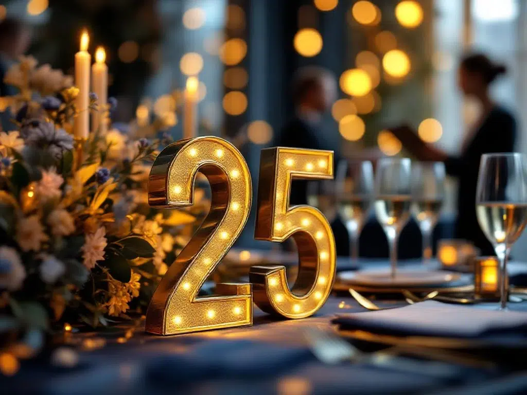 Elegante 25-jarig jubileumviering met gouden cijfers, champagneglazen en bloemen op luxe tafel met evenementenplanners