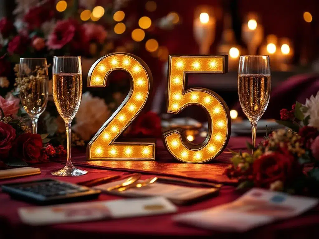 Gouden 25-jarig jubileumfeest tafel met champagne, bloemen, calculator en eurobiljetten voor evenementenplanning