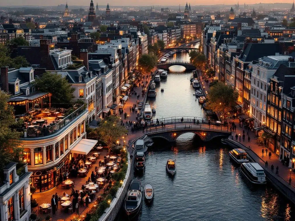 Luchtfoto van Amsterdam's grachtendistrict tijdens gouden uur met historische feestlocaties en verlichte canalhouses