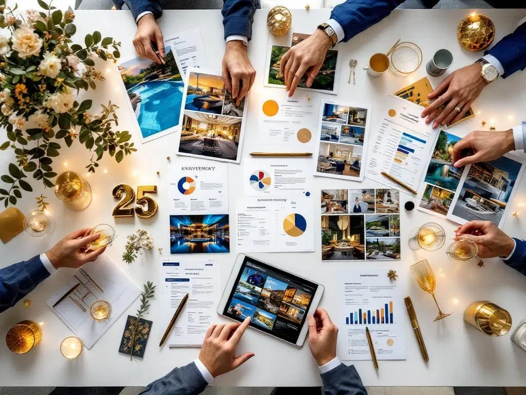 Conference table with 25th anniversary party planning materials, mood boards, venue photos, budget charts, golden decorations, and tablet.