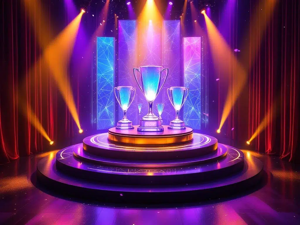 Luchtfoto van luxe podium met gouden spotlights, holografische projecties en kristallen trofeeën in Amsterdam