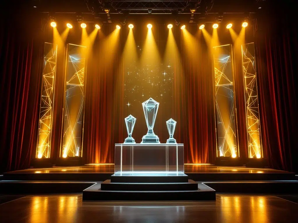 Luxe prijsuitreiking podium met gouden spotlights, holografische trofeeën en moderne LED-verlichting in Amsterdam