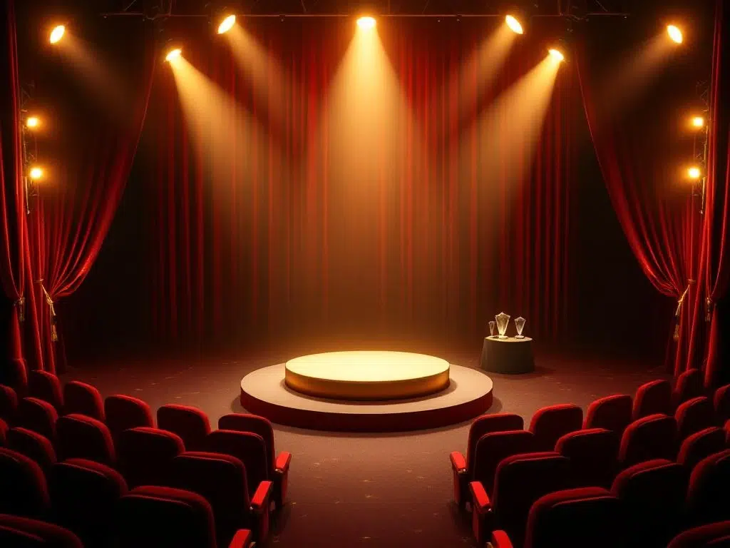 Golden podium on elegant awards ceremony stage with red velvet seats, dramatic spotlights, and crystal trophies.