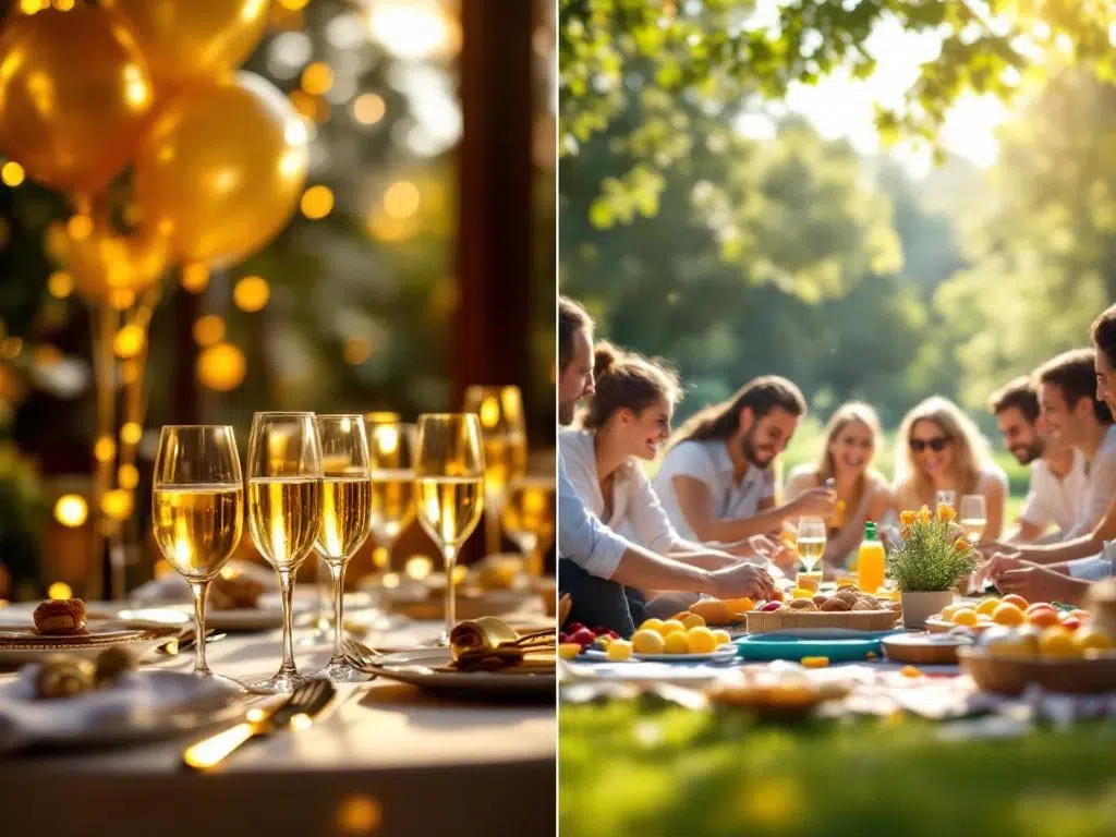 Split-screen corporate celebrations: elegant anniversary party with golden balloons and champagne versus casual outdoor team picnic