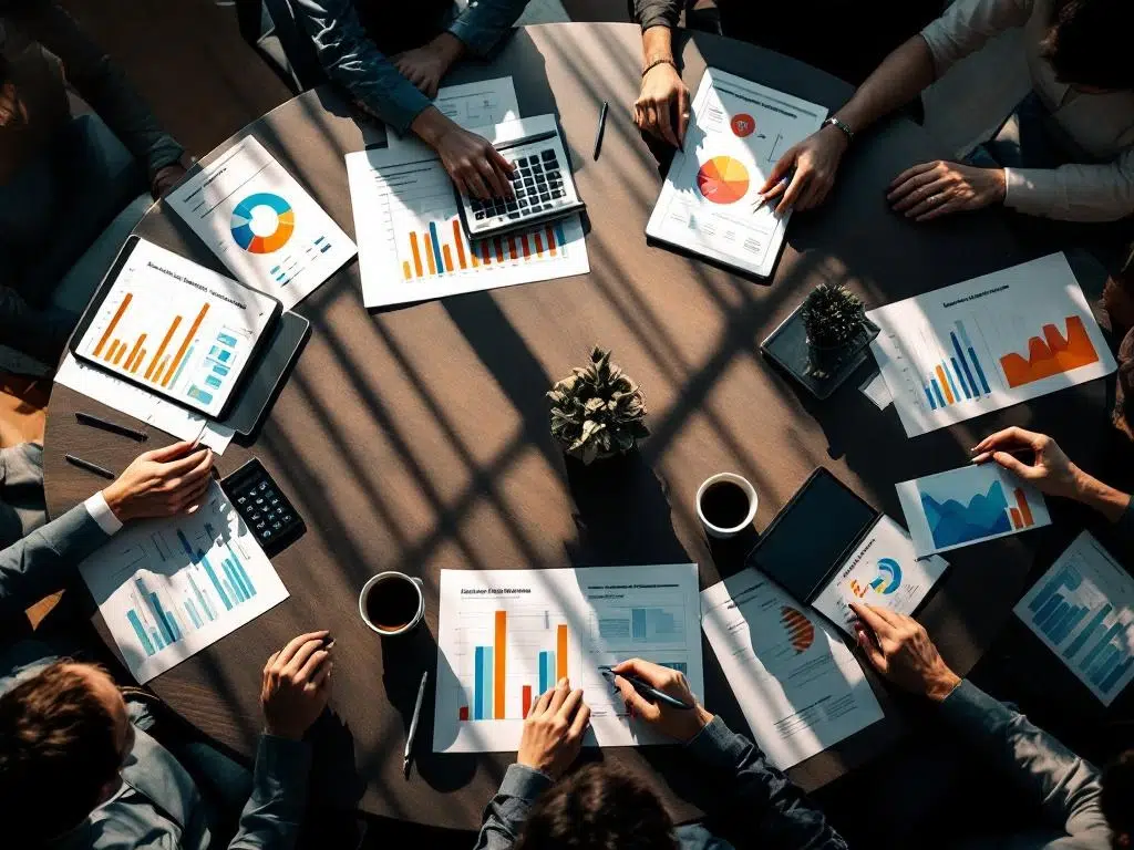 Modern conference table with KPI dashboards, performance graphs on tablets, analytical documents, and strategic planning materials from overhead view.