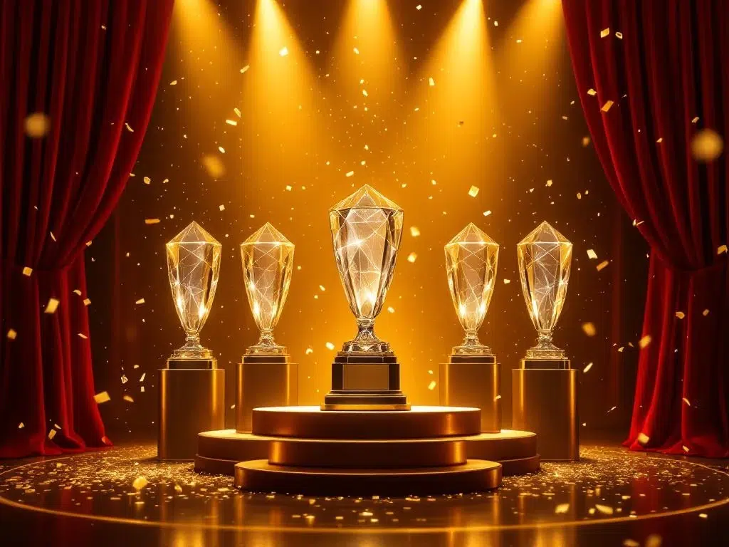 Kristallen trofee op podium tijdens luxe bedrijfsawards ceremonie met gouden spotlight en Amsterdam achtergrond