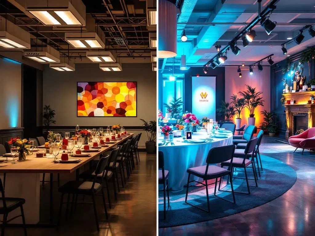 Split-screen comparison: basic office party with folding tables and fluorescent lights versus elegant corporate event with premium decor and ambient lighting.
