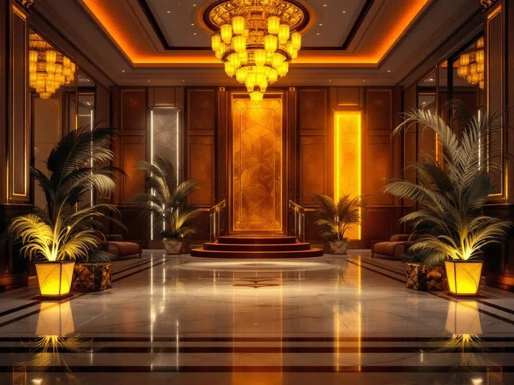 Luxurious corporate gala ballroom with golden lighting, crystal chandeliers, and six themed decor elements including masks and neon