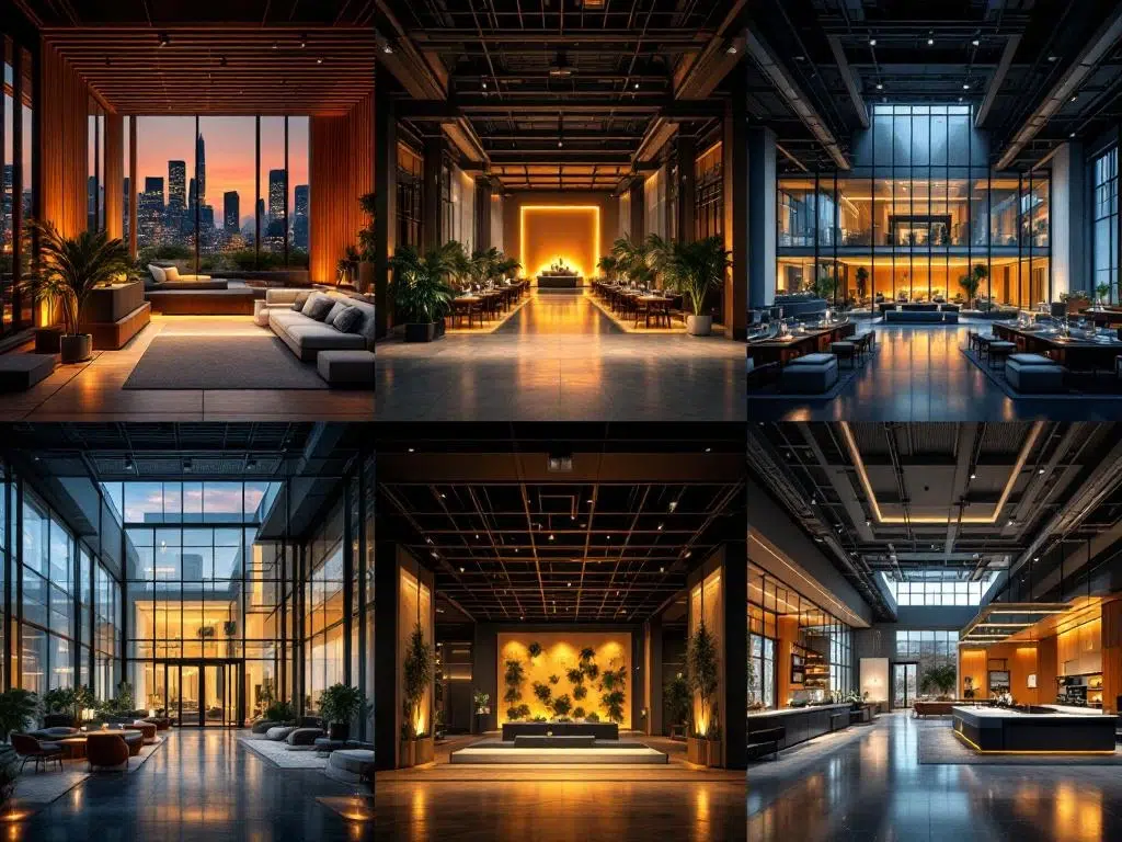 Zes moderne evenementenlocaties in grid-indeling: rooftop terras, industriële warehouse, glazen conferentiecentrum, historisch gebouw, tech ruimte, hotel ballroom