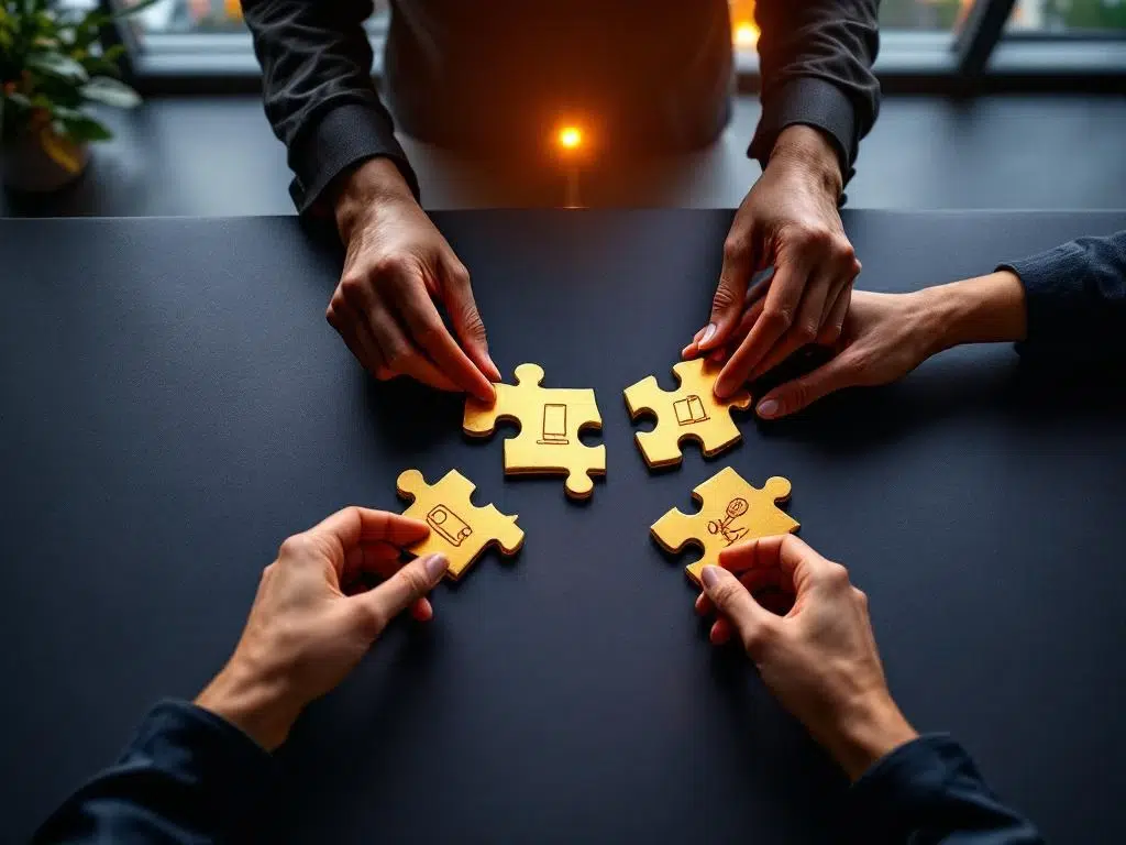 Handen plaatsen gouden puzzelstukjes met influencer iconen samen op moderne vergadertafel, Amsterdam grachten op achtergrond