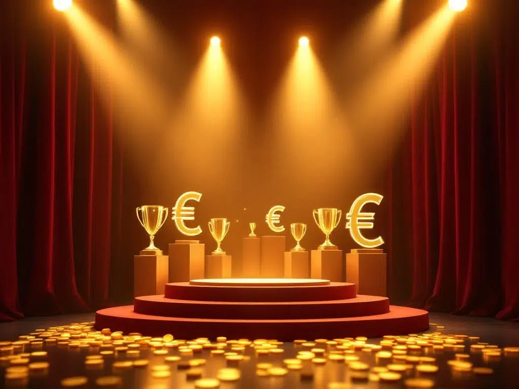 Luxe podium met gouden trofeeën en euro-symbolen op award ceremonie podium met rode gordijnen en spotlights