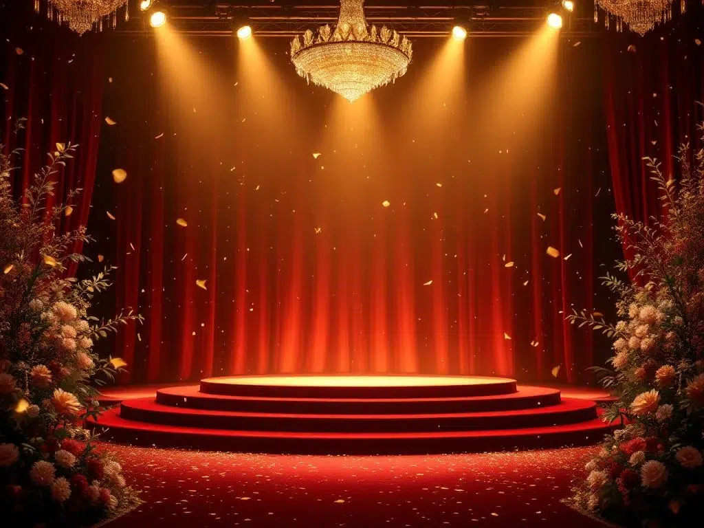 Luxurious award ceremony stage with golden spotlights, elegant podium, crystal chandeliers, and red velvet seating.