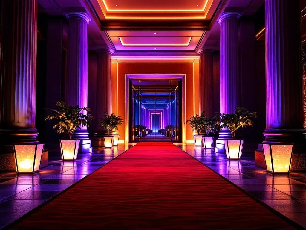 Luxurious corporate event venue entrance with golden uplighting on columns, red carpet, and glass doors with dramatic shadows