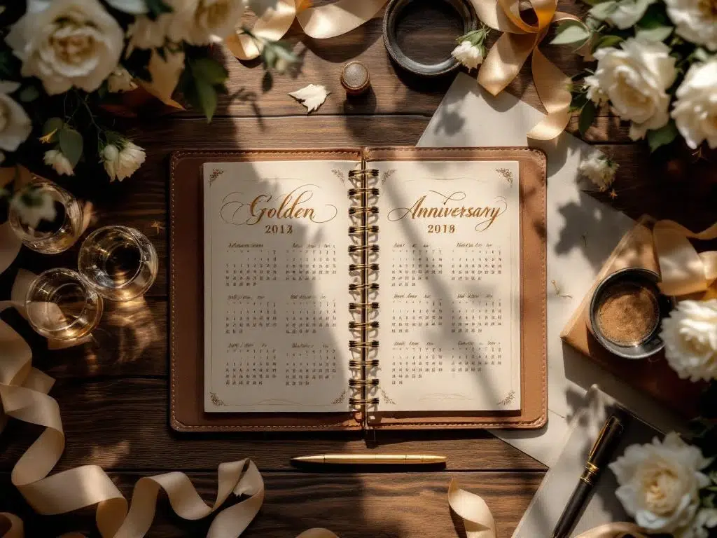 Luxe houten bureau met leren agenda, gouden pen, champagneglazen en witte rozen voor exclusieve evenementenplanning