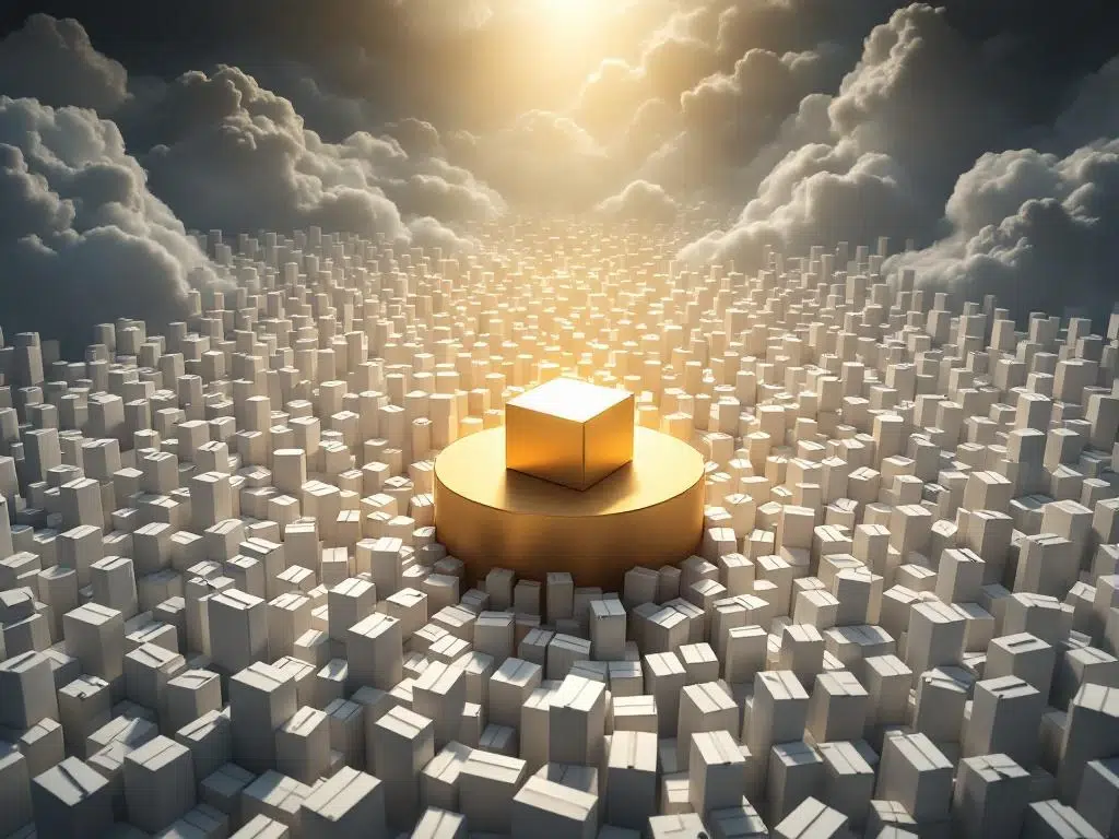 Golden product box elevated on pedestal surrounded by hundreds of white boxes in crowded marketplace aerial view