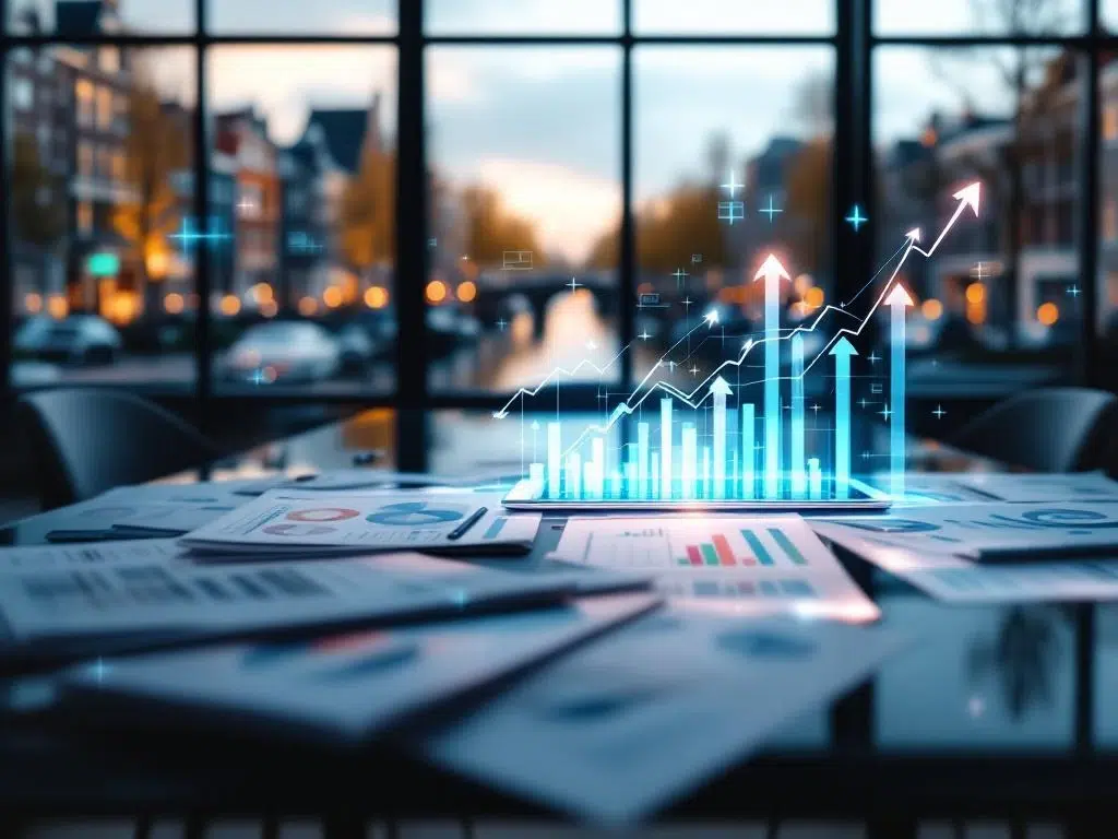 Moderne vergaderruimte met marktonderzoek documenten, grafieken en holografische data visualisaties op glazen tafel